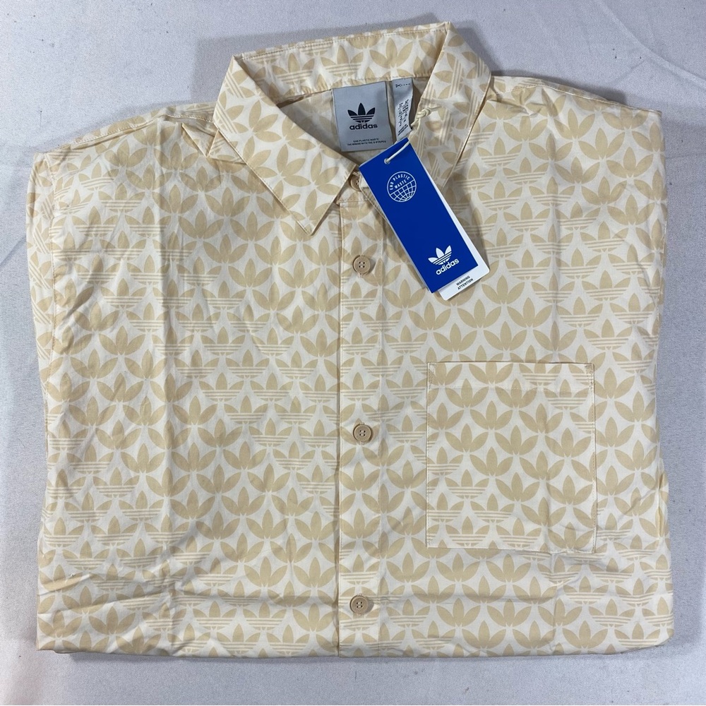 Man's Adidas Originals Monogram All Over Print Short Sleeve Woven Beige NEW